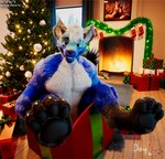 anthro blue_body blue_fur box carpet carpet_floor carpeted_floor christmas_tree container fire fireplace fur gift_box green_body green_hair hair holidays looking_at_viewer male paws plant pose posed qr_code smile smiling_at_viewer smirk smirking_at_viewer solo tail text tinsel tree warm_lighting white_body white_fur daytia c4d christmas canid canine canis mammal wolf 3d_(artwork) cinema_4d_(artwork) cover digital_media_(artwork) hi_res url warm_colors