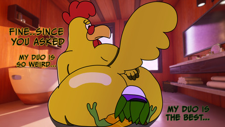 anthro beak bent_over between_buttocks big_butt black_eyes bubble_butt butt butt_in_face butt_smother dialogue duo face_in_ass facesitting feathers green_body hand_on_butt huge_butt looking_back male male/male oral rear_view sitting_on_another size_difference smothering tail text yellow_body yellow_feathers vandoughy epic_games family_guy fortnite fortnite:_battle_royale ernie_the_giant_chicken ziggy_(fortnite) avian bird chameleon chicken galliform lizard phasianid reptile scalie 16:9 2025 4k absurd_res digital_media_(artwork) english_text hi_res widescreen