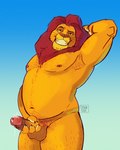 anthro anthrofied areola arm_hair armpit_hair balls barazoku belly big_balls big_penis bodily_fluids body_hair chest_hair claws day dripping erection eyebrows facial_hair fur genital_fluids genitals glans hairy_balls hand_behind_head happy_trail humanoid_genitalia humanoid_penis leg_hair lens_flare looking_at_viewer male mane mature_anthro mature_male musclegut muscular muscular_anthro muscular_male navel nipples nude outside pecs penis penis_grab precum precum_drip precum_string pubes seductive smile solo standing stubble teeth thick_thighs tuft whiskers basimstar disney the_lion_king mufasa felid lion mammal pantherine 2025 4:5 absurd_res hi_res signature