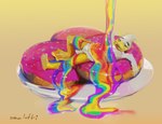 anatid anseriform anthro avian beak bird dessert doughnut duck feathers food frosting hi_res jewelry lgbt_pride lying male oselotti pastry pinup plate pose pride_colors quill_wonderfowl slime solo