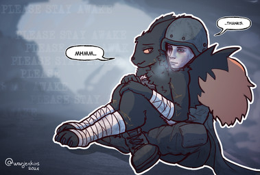 ambiguous_anthro ambiguous_gender anthro armor bandage bandaged_arm bandaged_leg black_body black_fur boots breath bruised bruised_eye clothed clothing cold cuddling dialogue digitigrade duo footwear fully_clothed fur green_eyes headgear helmet hug hugging_another hugging_from_behind ice leg_wraps male mostly_nude shoes sitting speech_bubble tail text two_tone_tail wraps yellow_sclera warjenkins casualties:_unknown expie_(gunsawian) gunsawian human mammal 2026 absurd_res english_text hi_res signature male_(lore)