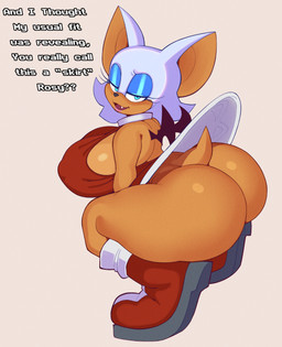 anthro big_breasts big_butt boots bottomless bottomless_anthro bottomless_female breasts bubble_butt butt clothed clothing crouching dialogue dress dress_only female footwear high-angle_view huge_breasts huge_butt looking_at_viewer nipple_outline no_underwear shoes solo tail text thick_thighs upskirt wide_hips wings techfuzz sega sonic_the_hedgehog_(series) rouge_the_bat bat mammal 2025 absurd_res english_text hi_res