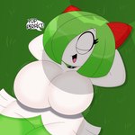 1:1 2024 3barts absurd_res anthro big_breasts breasts clothing collar curvy_figure detailed_background dialogue digital_drawing_(artwork) digital_media_(artwork) dress english_text eyelashes eyes_closed female generation_3_pokemon grass green_hair hair hair_over_eye hands_behind_head hi_res huge_breasts huge_thighs kirlia lying motion_lines nintendo on_back one_eye_obstructed open_mouth open_smile outside plant pokemon pokemon_(species) shadow smile solo spiked_collar spikes text thick_thighs vanessa_(3barts) voluptuous white_body white_skin wide_hips