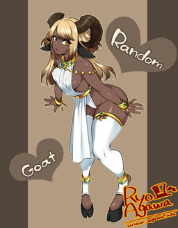 5_fingers amber_eyes biped black_hooves blonde_hair bracelet breasts brown_background brown_body brown_hair brown_horn brown_skin clothed clothing cloven_hooves colored_nails curled_horn dark_body dark_skin dewclaw_hooves eyelashes female fingers footwear front_view gem gold_(metal) gold_jewelry hair head_tilt heart_symbol hooves horn humanoid_hands japanese jewelry leaning leaning_forward legwear long_hair looking_away medium_breasts multicolored_hair nails necklace no_underwear outline pattern_background robe side_boob simple_background slim small_waist socks solo spread_arms standing stirrup_socks striped_background text thick_thighs thigh_highs thigh_socks two_tone_hair unguligrade white_clothing white_legwear white_nails ryo_agawa animal_humanoid bovid bovid_humanoid caprine caprine_humanoid goat_humanoid humanoid mammal mammal_humanoid satyr 2016 digital_media_(artwork) english_text full-length_portrait portrait url watermark