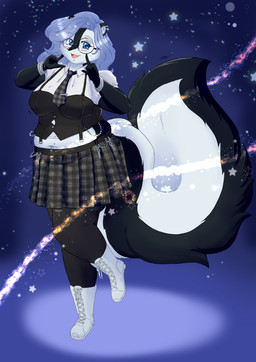 anthro black_body blue_eyes boots bottomwear bracelet breasts chain clothed clothing collared_shirt dress_shirt ear_piercing ear_ring eyewear female fluffy fluffy_tail footwear gesture glasses hair hand_gesture jewelry laced_boots midriff multicolored_body navel navel_piercing necktie open_mouth piercing pleated_skirt pointing pointing_at_self purple_hair ring_piercing shirt shoes skirt sky slightly_chubby smile solo star starry_sky tail tie_clip topwear two_tone_body vest white_body white_boots white_clothing white_footwear white_shirt white_topwear maikeru sofia_(maikeru) mammal mephitid skunk