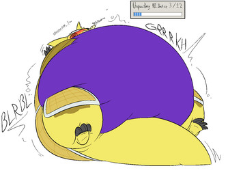 belly big_belly claws female huge_belly inflation simple_background solo text white_background thatoneaceguy bandai_namco digimon armadillomon digimon_(species) 2025