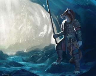 anthro armor axe blue_eyes cave ice male melee_weapon polearm scar spear weapon trunorth mythology rakan canid canine canis mammal mythological_canine mythological_creature werecanid werecanine werecreature werewolf wolf 2019 digital_media_(artwork)