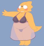 anthro belly big_breasts blue_background blush breasts cleavage clothed clothing eyewear female glasses negligee non-mammal_breasts overweight overweight_anthro overweight_female panties raised_arm scales short_stack simple_background solo tail thick_tail thick_thighs translucent translucent_clothing underwear wide_hips yellow_body yellow_scales alpi undertale undertale_(series) alphys lizard reptile scalie 2021 archived_source hi_res