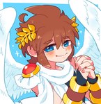 5_fingers blush brown_hair clothing feathered_wings feathers fingers hair light_body light_skin looking_at_viewer male not_furry open_mouth simple_background smile solo wings butanchu0426 kid_icarus nintendo pit_(kid_icarus) angel humanoid winged_humanoid absurd_res hi_res