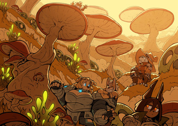 5_fingers ahoge armor big_breasts bioluminescence blue_eyes breastplate breasts brown_hair cleavage cleavage_cutout clothed clothing collar cutout eyebrows feet female fingerless_gloves fingerpads fingers fungus gesture gloves glowing glowing_eyes glowing_fungus grin group hair handwear hat headgear headwear landscape mushroom one_eye_closed orange_eyes pawpads smile toes waving witch_hat yellow_eyes ceehaz dog_knight_rpg jeane_(ceehaz) maci_(ceehaz) nix_(ceehaz) orinette_(ceehaz) rory_(ceehaz) bird_dog borzoi canid canine canis dobermann domestic_dog golden_retriever herding_dog hunting_dog mammal pastoral_dog pinscher pomeranian retriever sighthound spitz welsh_corgi 2026 absurd_res hi_res