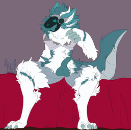 anthro balls blue_body blue_fur blue_penis blush circumcised erection fur genitals looking_at_viewer machine male nude open_mouth penis screen screen_face simple_background smile solo tongue white_body white_fur mikathewolfy river_(riverence) protogen hi_res