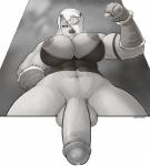 2019 5_fingers absurd_res anthro areola balls big_breasts biped bodily_fluids breasts fingers genital_fluids genitals gynomorph hair hair_over_eye hi_res huge_breasts humanoid_genitalia humanoid_penis intersex looking_at_viewer low-angle_view mammal marine matoc monochrome muscular muscular_anthro muscular_gynomorph muscular_intersex nipples one_eye_obstructed penis penis_towards_viewer pinniped precum seal solo