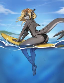 anthro bikini bikini_bottom bikini_top biped breasts clothed clothed_anthro clothed_female clothing cloud day female grey_body grey_tail hair looking_at_viewer non-mammal_breasts outside sky small_breasts solo swimwear tail two-piece_swimsuit water shermugi aquatic fish shark 2025 absurd_res hi_res
