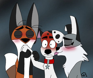 black_ears black_nose black_spots blush brown_body brown_fur collar countershade_torso countershading female feral floppy_ears fur grey_body grey_fur group heterochromatic_ears male pink_inner_ear red_collar spots toony trio white_body white_fur white_inner_ear white_spots derektahki 101_dalmatian_street 101_dalmatians disney dylan_(101_dalmatians) fergus_(101_dalmatians) summer_(101_dalmatians) border_collie canid canine canis collie dalmatian domestic_dog fox herding_dog mammal pastoral_dog red_fox sheepdog true_fox