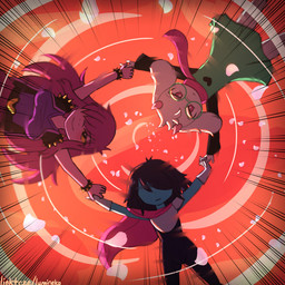 2_horns ambiguous_gender ambiguous_human anthro biped black_hair blue_body blue_skin closed_smile clothed clothing detailed_background eyewear female female_anthro floppy_ears fluffy fur glasses group hair hand_holding heart_symbol horn looking_at_viewer low-angle_view male male_anthro mouth_closed outside petals pink_body pink_eyes pink_hair pink_horn pink_scales pupils scales scarf short_hair sky skydiving smile snout sunset text trio wearing_glasses white_body white_fur white_pupils worm's-eye_view yellow_sclera lumineko deltarune undertale_(series) kris_dreemurr ralsei susie_(deltarune) bovid caprine darkner goat human mammal scalie 2026 artist_name english_description
