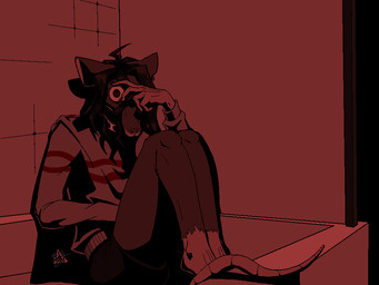 anthro black_boxers black_clothing black_hair black_nails black_underwear boxers_(clothing) brown_body brown_fur choker clothing colored_nails ear_piercing ear_ring fur hair holding_face jewelry leather_choker long_hair male nails necklace piercing rat_tail red_light ring_piercing round_eyes shower shower_cabin sitting solo sweater tail topwear underwear wavy_hair wowdannm aristotle_(ratful_light) mammal murid murine rat rodent 4:3 black_and_red monochrome