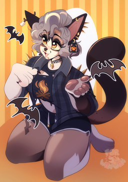 abstract_background alternative_fashion anthro bottomwear charm_(jewelry) choker claws clothing ear_piercing ear_ring eyelashes facial_piercing female goth handpaw jacket jewelry lamp lantern lip_piercing multiple_piercings necklace nose_piercing nose_ring open_mouth open_smile orange_eyes pawpads paws piercing ring_piercing septum_piercing septum_ring shirt shorts sitting smile snakebite_piercing solo tail topwear ferwanwan domestic_cat felid feline felis mammal 2023 hi_res