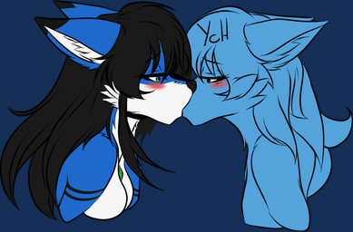 ambiguous_gender anthro black_hair blue_body blue_fur blush duo female female/ambiguous fur green_eyes hair kissing markings nude side_view suggestive tattoo white_body white_fur snowiefeather canid canine canis fox mammal alpha_channel