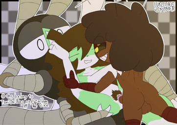 4_arms 4_fingers ahoge antennae_(anatomy) anthro backsack balls bent_legs blush bored brown_body brown_hair brown_pubes clitoris double_penetration female fingers fluffy fluffy_hair fur genitals green_body green_fur group group_sex hair hands_behind_head holding_butt holding_leg holding_shoulder long_hair lying male male/female multi_arm multi_limb multicolored_body multicolored_fur nude nude_female nude_male penetration penile penis pubes raised_leg sandwich_position sex size_difference smile smirk tail teeth trio vaginal vaginal_penetration vulva white_body white_fur wings unsureumbra nova_(unsureumbra) roach_(zaldenvire) zip_the_dragonfly_(toni_oni) arthropod blattodean canid canine cockroach dragonfly fox insect mammal credits hi_res