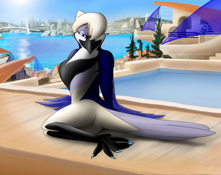 amazing_background anthro beak biped blonde_hair blue_sky day detailed_background feathered_wings feathers female hair hair_over_eye looking_at_viewer lying multicolored_body multicolored_feathers one_eye_obstructed outside plant purple_eyes short_hair sitting sky solo sun tree water winged_arms wings corrvo jen_(corrvo) avian bird 2011 detailed digital_media_(artwork) hi_res