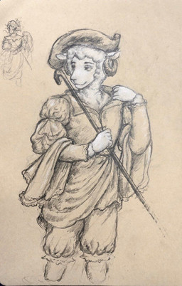 anthro cane clothing ears_down eyebrows fur hat headgear headwear holding_cane holding_object horn looking_aside male pivoted_ears smile solo wearing_hat wool_(fur) reynard_goodfellow reynard_the_baa bovid caprine mammal sheep hi_res