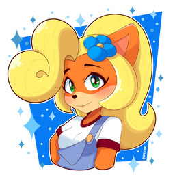anthro black_eyebrows blonde_hair blue_clothing blue_overalls blush breasts clothed clothing eyebrows eyelashes female green_eyes hair lips looking_at_viewer orange_arms orange_ears orange_face orange_neck overalls red_clothing red_topwear shirt text topwear white_clothing white_shirt white_topwear efextex activision crash_bandicoot_(series) coco_bandicoot bandicoot mammal marsupial 1:1 2025 absurd_res artist_name digital_media_(artwork) hi_res