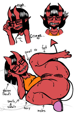 anus beady_eyes black_eyes black_hair bodily_fluids bottom_heavy butt clenched_teeth clothing eyewear female genitals glasses hair hairy_vulva horn lying markings mole_(marking) on_back orange_clothing orange_topwear rectangular_glasses red_body red_skin short_hair simple_background smile solo spade_tail spread_legs spreading sweat sweatdrop sweaty_butt tail teeth text thick_thighs topwear vulva white_background white_clothing white_topwear wide_hips nanodude78 jinko_(wiirart) demon demon_humanoid horned_humanoid humanoid 2023 digital_media_(artwork) english_text hi_res