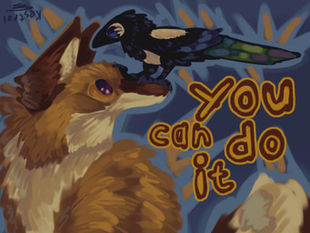 abstract_background ambiguous_gender avian_feet beak black_body black_feathers blue_background blue_body blue_eyes brown_body brown_fur countershading duo eye_contact feathered_wings feathers feral fluffy fur larger_feral looking_at_another markings motivational_art motivational_poster multicolored_body multicolored_fur orange_body orange_fur purple_eyes side_view simple_background size_difference smaller_feral standing tail text tuft white_body white_feathers white_fur wings kestrel_(artist) avian bird canid canine corvid fox magpie_(corvid) mammal oscine passerine 2026 artist_name digital_drawing_(artwork) digital_media_(artwork) digital_painting_(artwork) english_text painting_(artwork)