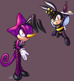 anthro black_clothing bodily_fluids boots bow_tie bulge bunny_costume cheese clothed clothing costume crossdressing dairy_products duo femboy fishnet_clothing fishnet_legwear flying food footwear glistening glistening_clothing gloves handwear high_heels latex legwear leotard male reverse_bunny_costume shoes shota sweat sweatdrop tongue tongue_out wine_bottle young young_anthro young_male hot-shelter sega sonic_the_hedgehog_(series) charmy_bee espio_the_chameleon arthropod bee chameleon hymenopteran insect lizard reptile scalie hi_res