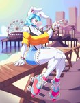 5_fingers abs amusement_ride anthro big_breasts bikini bikini_thong black_bikini black_clothing black_swimwear blowing_bubble_gum blue_hair bottomwear bracelet breasts bubble_gum chest_tuft cleavage clothed clothing denim denim_bottomwear denim_clothing denim_shorts detailed_background docks eyebrow_through_hair eyebrows eyelashes female ferris_wheel fingers fully_clothed fur gesture hair hand_gesture huge_breasts inner_ear_fluff jewelry long_ears looking_at_viewer outside pawpads pink_eyes roller_skates shirt short_hair shorts sitting solo swimwear tank_top text thick_thighs topwear translucent translucent_hair tuft two-piece_swimsuit v_sign white_body white_fur wide_hips sozokuu beatrice_(sozokuu) lagomorph leporid mammal rabbit 2025 absurd_res artist_name hi_res