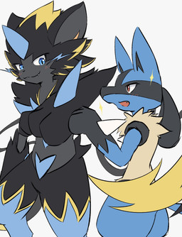 3_fingers anthro biped black_body black_fur blue_body blue_eyes blue_fur blush chest_spike cute_fangs duo fangs fingers fur open_mouth paws red_eyes simple_background sparkles spikes spikes_(anatomy) standing tan_body tan_fur teeth white_background herschel nintendo pokemon canid felid generation_4_pokemon generation_9_pokemon legendary_pokemon lucario mammal mega_evolution mega_zeraora pokemon_(species) 2025 digital_media_(artwork) hi_res