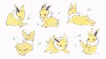 ambiguous_gender blush clover_(plant) eyes_closed feral fur leaf narrowed_eyes paws plant running simple_background solo white_body white_fur yellow_body yellow_fur yura_inaho nintendo pokemon eeveelution generation_1_pokemon jolteon lagomorph mammal pokemon_(species) 2021 signature