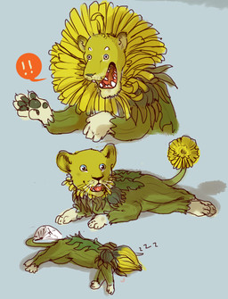 dandelion exclamation_point feral flower green_body humor lying male on_side open_mouth pawpads plant pun quadruped sharp_teeth simple_background sleeping solo surprised teeth visual_pun whiskers wide_eyed young young_feral young_male iguanamouth dandelion_(iguanamouth) dandelion_creature elemental_creature felid flora_fauna flower_creature lion mammal pantherine portrait sketch_page