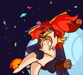 anthro beard big_ears breasts broom broom_riding cleaning_tool facial_hair female fire flying hair looking_at_viewer moon night sitting slightly_chubby solo space star thick_thighs thebreathinglass nintendo pokemon pokemon_legends_z-a generation_9_pokemon mega_delphox mega_evolution pokemon_(species) absurd_res hi_res