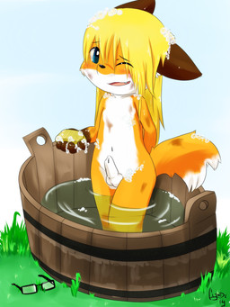 animal_genitalia anthro bath blonde_hair bubble bucket container dirty ears_down erection eyewear femboy fur genitals glasses grass hair in_bucket in_container laugh male nude one_eye_closed orange_body orange_fur outside pivoted_ears plant sheath shota sky smile soap solo water wet white_body white_fur wink young young_anthro young_male clyndemoon jcfox canid canine fox mammal red_fox true_fox 3:4 hi_res