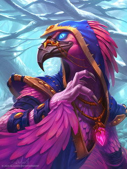 ambiguous_gender anthro beak blue_eyes claws crystal feathers hood looking_at_viewer pink_body pink_feathers plant smile solo tree ursula_dorada blizzard_entertainment hearthstone warcraft arakkoa avian 2020 3:4 digital_media_(artwork) half-length_portrait hi_res official_art portrait female_(lore)