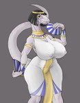 2020 5_fingers albino anthro armband big_breasts big_nipples black_hair bracelet breasts cleavage clothed clothing egyptian egyptian_clothing female fingers gold_(metal) gold_jewelry hair hand_fan hi_res holding_object huge_breasts jewelry kalasiris lizzy_(ndragon3) long_neck looking_aside ndragon3 nipple_outline nipples non-mammal_breasts non-mammal_nipples pink_body pink_eyes pink_scales pit_organ portrait python reptile scales scalie seshed_circlet smile snake solo standing thick_thighs three-quarter_portrait tight_clothing usekh white_body white_scales wide_hips