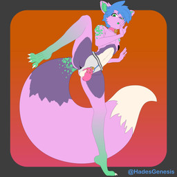 4_toes 5_fingers blue_hair chastity_cage chastity_device collar feet fingers fur genitals hair humanoid_genitalia humanoid_penis lock looking_at_viewer male nude padlock penis pink_body pink_chastity_cage pink_fur solo toes hadesgenesis luckytail canid canine fox humanoid mammal 1:1 absurd_res hi_res
