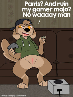 4_toes anthro backwards_baseball_cap backwards_hat barefoot baseball_cap bottomless bottomless_anthro bottomless_female brown_body brown_fur casual_exposure clothed clothing controller dialogue drugs feet female floppy_ears freckles fur furniture gaming genitals green_clothing green_hoodie green_topwear hat headgear headwear holding_controller holding_object hoodie looking_at_viewer marijuana marijuana_blunt on_sofa paws presenting presenting_vulva sitting sitting_on_sofa sofa solo spread_legs spreading stoned substance_intoxication talking_to_viewer text toes tomboy topwear vulva lupopossum sam_(lupopossum) canid canine canis domestic_dog mammal english_text hi_res