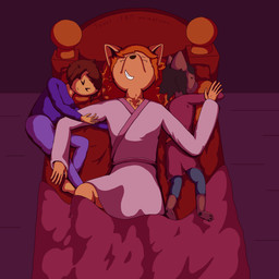 anthro asian_clothing bed clothing dark east_asian_clothing family female fur furniture japanese_clothing kimono sleeping tan_body tan_fur trycia_lotus undertale_yellow ceroba_ketsukane kanako_ketsukane canid canine fox mammal 1:1 absurd_res hi_res warm_colors