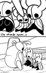 2_panel_comic ambiguous_gender antennae_(anatomy) black_eyes black_text ellipsis eyebrows floor looking_at_object plushie solo sound_effects text time_skip wall_(structure) skeletorskeletonized hollow_knight team_cherry bretta_(hollow_knight) the_knight_(hollow_knight) arthropod beetle insect 2020 5:8 black_and_white comic digital_media_(artwork) english_text hi_res monochrome female_(lore)