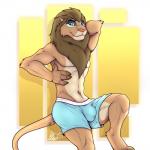 anthro blue_eyes bulge butt claws clothing countershading detailed_bulge fingers fur genital_outline hair looking_at_viewer male mane penis_outline simple_background smile solo underwear clyde_wolf levin_rhekunda felid lion mammal pantherine 1:1 2020 digital_media_(artwork) hi_res