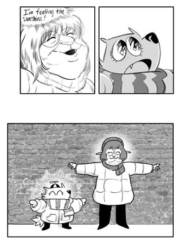 ambiguous_gender anthro clothing duo eyewear female glasses handwear hat headgear headwear jacket looking_up mittens scarf standing sun sweater t-pose text topwear twistcmyk twist_(twistcmyk) english_text monochrome