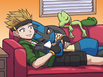 ambiguous_gender anthro black_body black_fur blonde_hair blue_body blue_eyes blue_fur clothing cuddling fingerless_gloves fur furniture gloves green_body green_tail group hair handwear lying male orange_eyes red_body short_hair sofa tail teeth trio retsgar nintendo pokemon matt's_lucario_(retsgar) matt's_treecko_(retsgar) matt_(retsgar) generation_3_pokemon generation_4_pokemon human lucario mammal pokemon_(species) treecko 4:3 female_(lore) male_(lore)