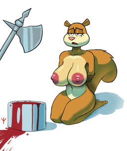 anthro axe big_breasts big_nipples blood bodily_fluids bound breasts execution female fluffy fluffy_tail imminent_death nipples sad simple_background snuff solo tail thick_thighs avioylin nickelodeon spongebob_squarepants sandy_cheeks mammal rodent sciurid tree_squirrel hi_res
