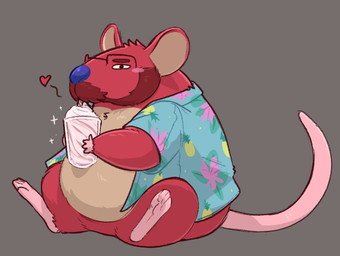 beard biped blue_nose blush clothed clothing drinking facial_hair feet feral heart_symbol male open_clothing open_shirt open_topwear overweight overweight_male red_body semi-anthro shirt simple_background solo topwear runxforest mammal murid murine rat rodent 2024