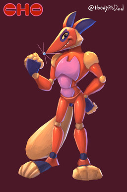 anthro fur looking_at_viewer male paws pointy_ears pose red_body red_fur robotic simple_background slim smile smug_grin solo tail whiskers yellow_body yellow_eyes yellow_fur hoodypisded roly_polys_no_nanakorobi_yaoki cho_(roly_poly) canid canine fox mammal 2023 absurd_res hi_res shaded signature