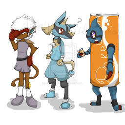 anthro beverage beverage_can black_body black_fur blue_body blue_fur boxing_gloves clothing cosplay eyes_closed female footwear fur group handwear male purple_eyes question_mark red_eyes shoes soda tail ametalias nintendo pokemon amphibian canid canine generation_1_pokemon generation_2_pokemon generation_4_pokemon haplorhine hitmonchan hitmontop infernape lucario mammal monkey pokemon_(species) primate toxicroak 1:1 distracting_watermark source_request watermark