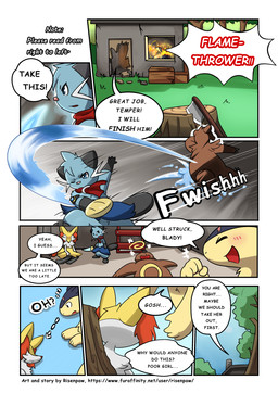 anthro axe building dialogue female fight fire forest group house male melee_weapon plant text tree weapon risenpaw nintendo pokemon braixen dewott generation_2_pokemon generation_5_pokemon generation_6_pokemon pokemon_(species) typhlosion ursaring comic english_text hi_res multiple_scenes