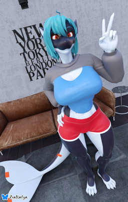 anthro big_breasts blue_hair bottomwear breasts cleavage clothed clothing curvy_figure female furniture gesture hair hand_gesture hand_on_hip hoodie hotpants multicolored_body orange_eyes shirt shorts smile smirk sofa solo standing tank_top topwear two_tone_body v_sign rileyarlic_(artist) valorlynz_(modeler) zea_nalya aquatic cetacean dolphin mammal oceanic_dolphin orca toothed_whale 3d_(artwork) digital_media_(artwork) hi_res
